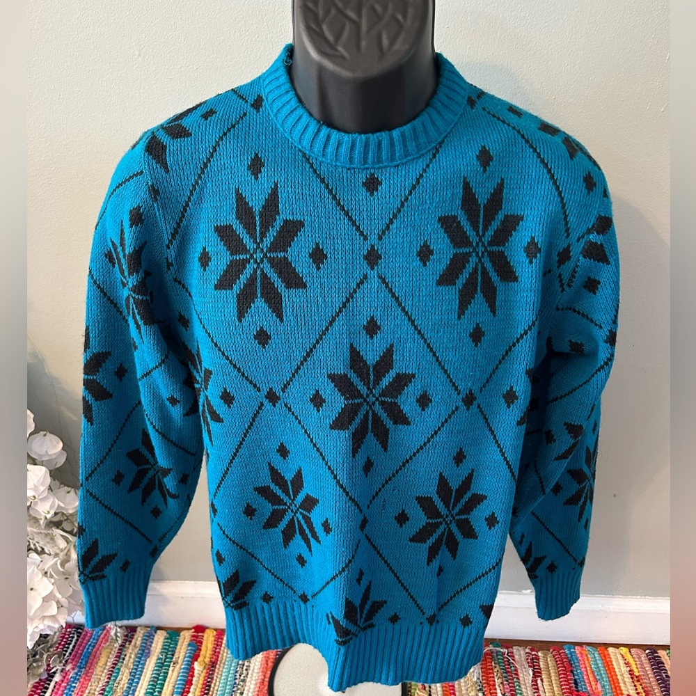 80s Le Tigre Snowflake Winter Sweater All Over Print Pattern Vintage Teal Large